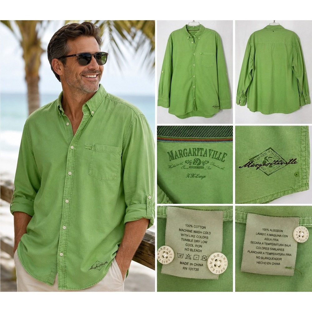 Margaritaville Mens XXL Lime Green Cotton Long Sleeve Button Down Shirt Casual